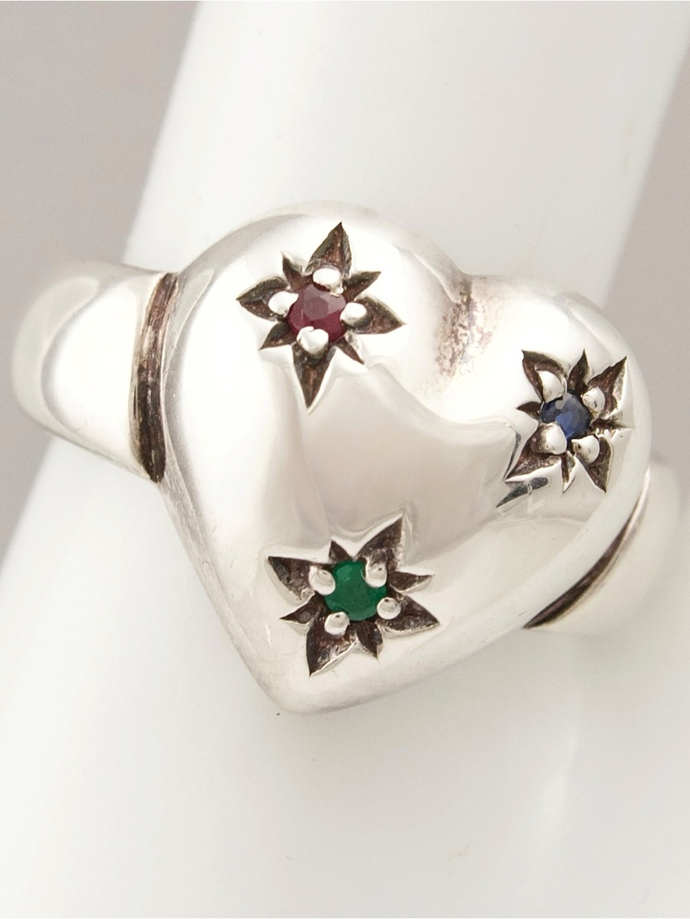 Vintage Sterling Silver Puffed Heart Ring Size 8 Multicolor Stones